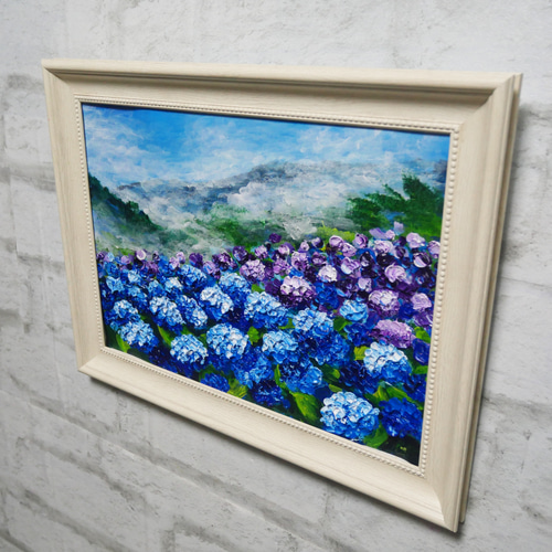 真作】油絵『天空に咲く青の記憶』A4 額装付／紫陽花 雲海 幻想的な