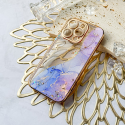 紫陽花カラーにゴールドを散りばめた 大理石風iPhoneケース アルコールインクアート　紫陽花ハンドメイド2024 1枚目の画像