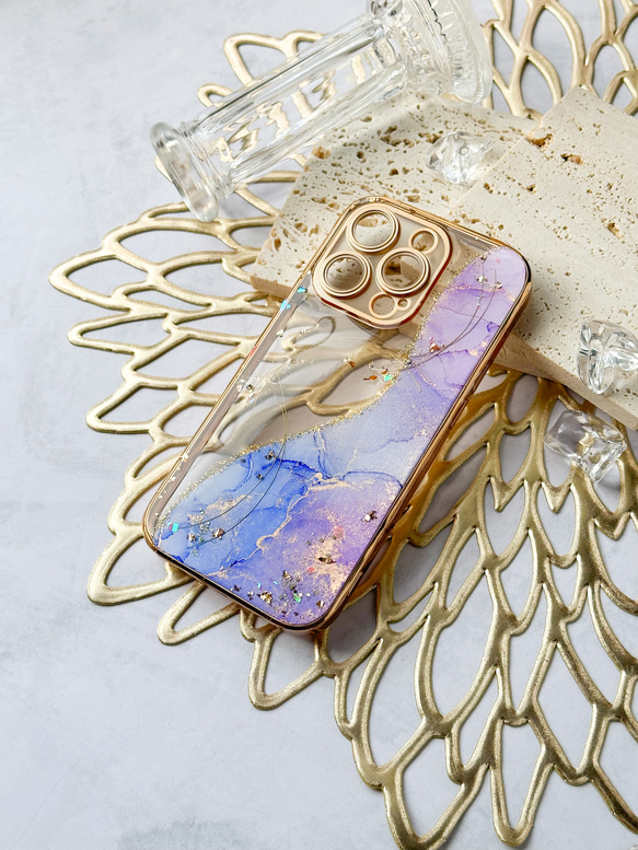 紫陽花カラーにゴールドを散りばめた 大理石風iPhoneケース アルコール  
