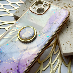 紫陽花カラーにゴールドを散りばめた 大理石風iPhoneケース アルコールインクアート　紫陽花ハンドメイド2024 10枚目の画像