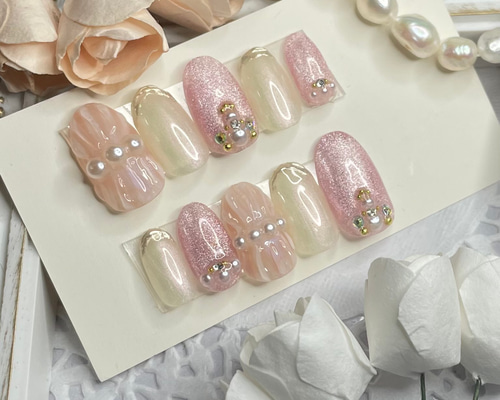 haruページ ネイルチップ サイズオーダー♡マグネット×ビジューネイルチップ ピンク size order