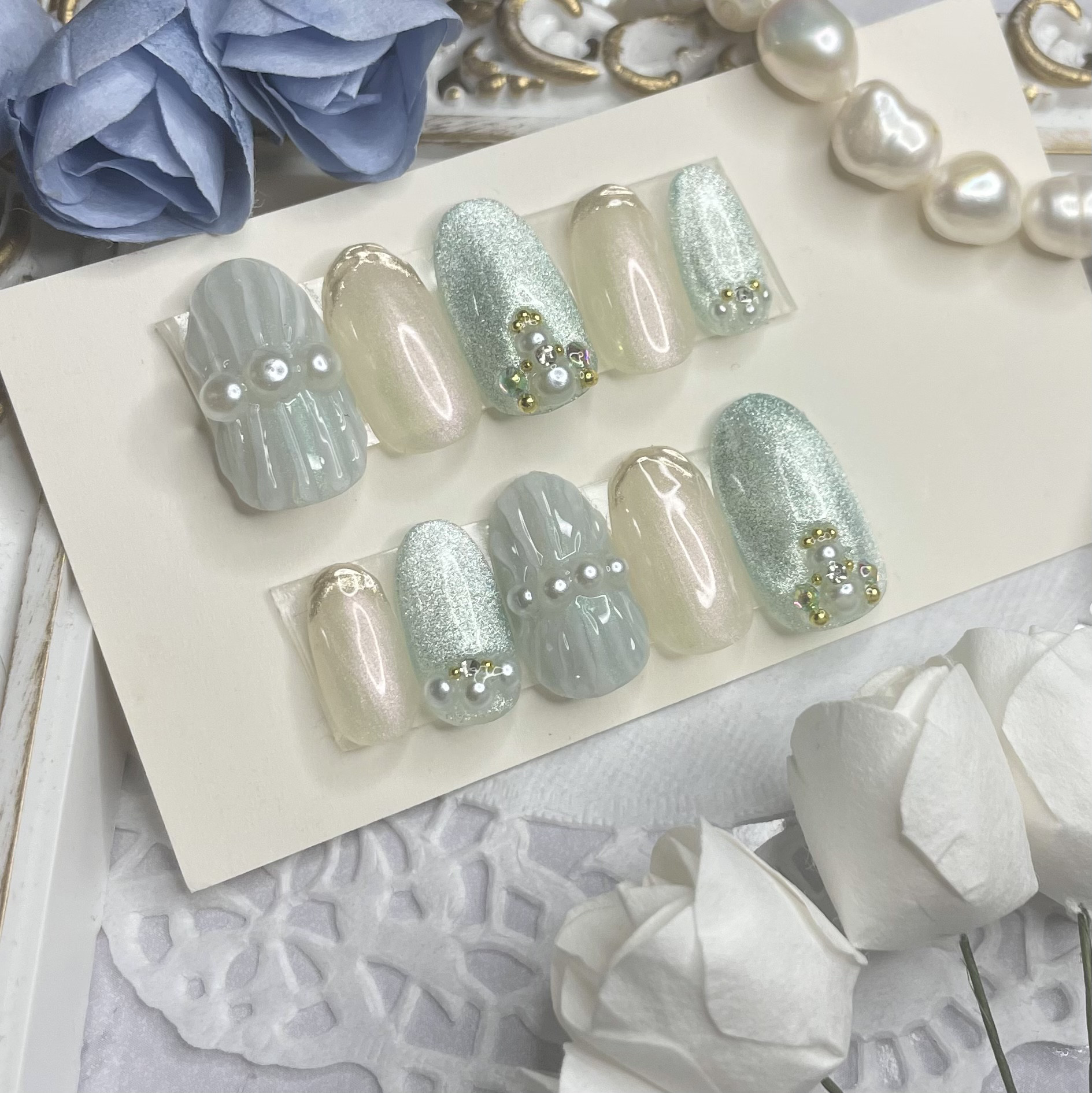 サイズオーダー♡マグネット×ビジューネイルチップ グリーン size  