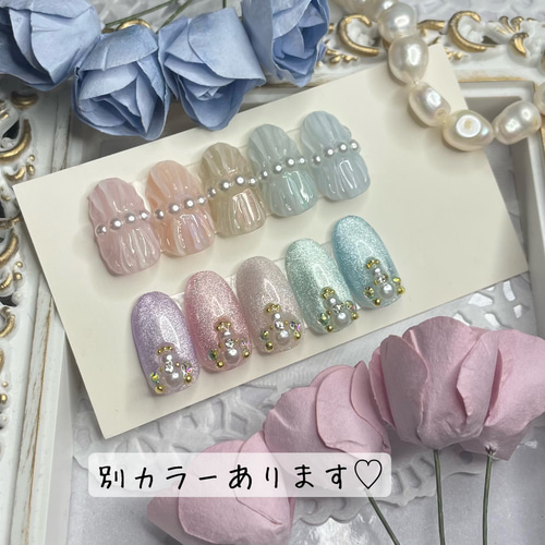 サイズオーダー♡マグネット×ビジューネイルチップ ブルー size
