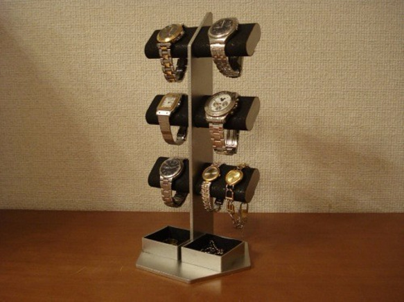 父の日　刻印　名入れ　ラッピング　ブラック6本掛けダブル角トレイ腕時計スタンドタワー 1枚目の画像