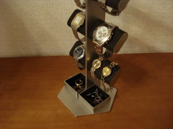 父の日　刻印　名入れ　ラッピング　ブラック6本掛けダブル角トレイ腕時計スタンドタワー 4枚目の画像