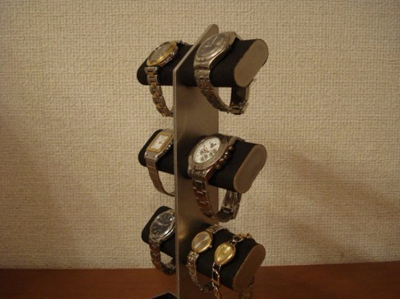 父の日　刻印　名入れ　ラッピング　ブラック6本掛けダブル角トレイ腕時計スタンドタワー 3枚目の画像