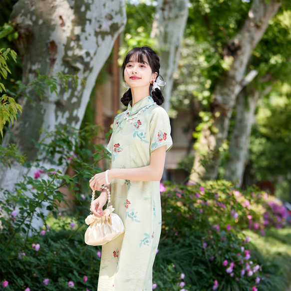 復古印花 綠色花朵印花古法旗袍 新中式國風春節改良洋裝連身裙 第5張的照片