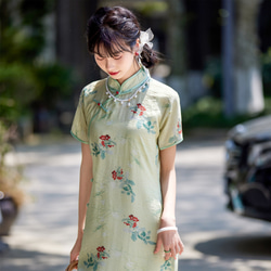 復古印花 綠色花朵印花古法旗袍 新中式國風春節改良洋裝連身裙 第2張的照片