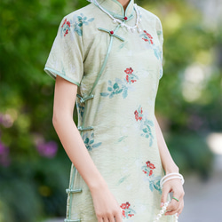 復古印花 綠色花朵印花古法旗袍 新中式國風春節改良洋裝連身裙 第6張的照片