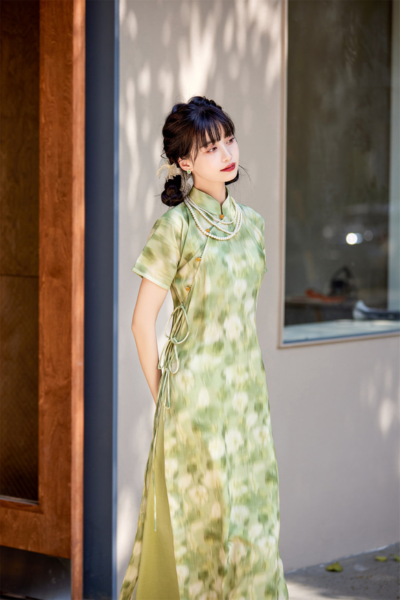 渲染綠色 兩件套文藝復古少女旗袍 新中式國風春節改良洋裝連身裙 第4張的照片
