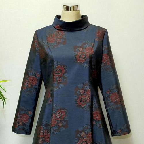 アンティーク大島紬 着物リメイク ワンピース 2WAY 花柄 Aライン