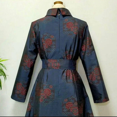 アンティーク大島紬 着物リメイク ワンピース 2WAY 花柄 Aライン