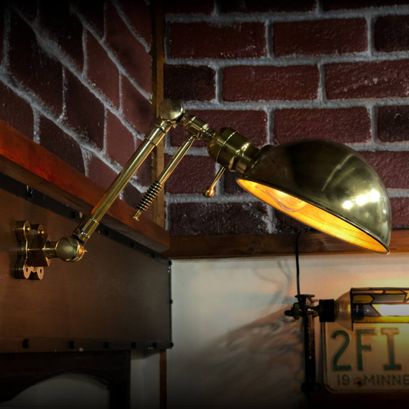【要電気工事】USAヴィンテージブラスラウンドシェードインダストリアルブラケットライト｜工業系真鍮壁掛照明ウォールランプ 2枚目の画像