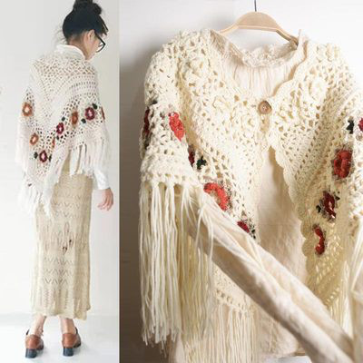 純粋な手作りかぎ針編み中空織りレトロな大きなショールウールタッセル立体花とファッション三角形マントギフト用