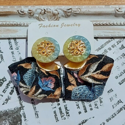 インド刺繍 リボンタッセル 2way ピアス/イヤリング 染めボタン