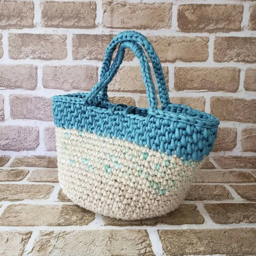 Mサイズ》ブルーグリーン 模様編み 麻紐 引き揃えバッグ 麻ひも+  