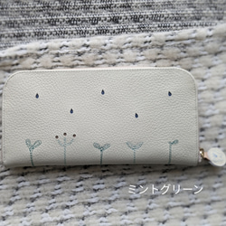 刺繍革財布『LIFE』ホワイトクリーム×ライトグリーン系（牛革）ラウンドファスナー型☆スリムタイプ☆２種☆ 8枚目の画像