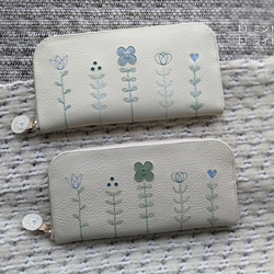 刺繍革財布『LIFE』ホワイトクリーム×ライトグリーン系（牛革）ラウンドファスナー型☆スリムタイプ☆２種☆ 15枚目の画像