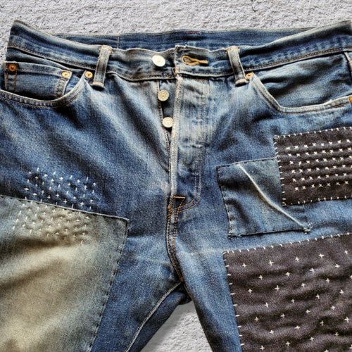 刺し子 パッチワーク リメイク デニムパンツ USED Levi's501 刺し子 パッチワーク リメイク デニムパンツ USED Levi's501