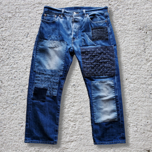 刺し子 パッチワーク リメイク デニムパンツ USED Levi's501 刺し子 パッチワーク リメイク デニムパンツ USED Levi's501