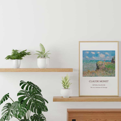 クロード モネ、風景画ポスター、プールヴィルの断崖の散歩、シンプル