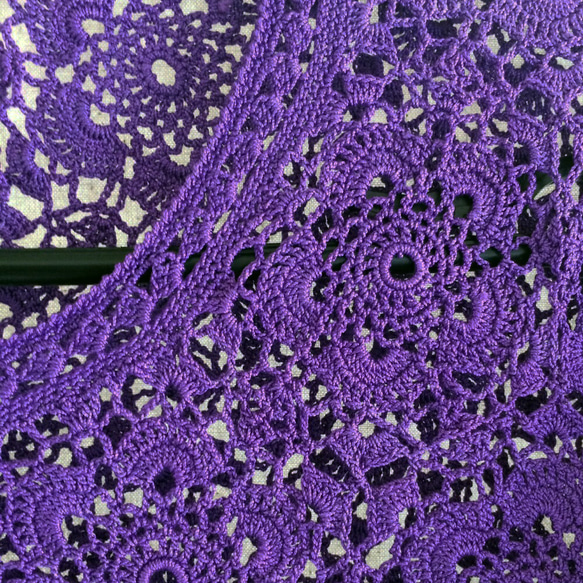 【手編み 花のレース模様】パープル 半袖フレンチスリーブセーター 
