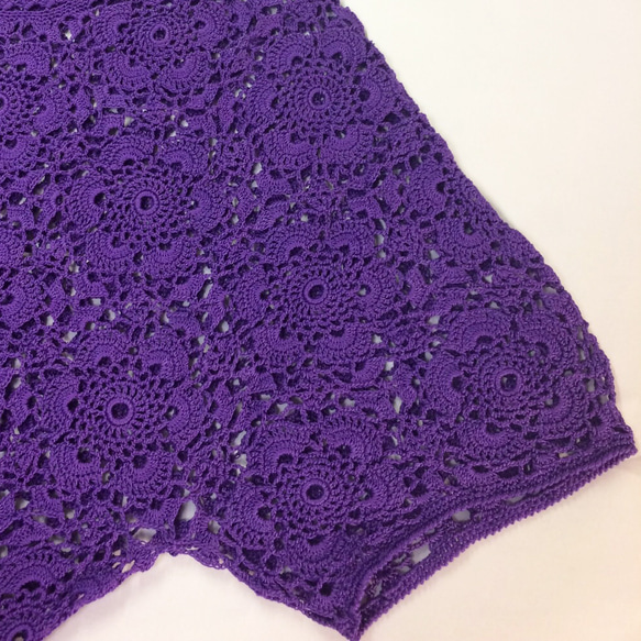 【手編み 花のレース模様】パープル 半袖フレンチスリーブセーター 