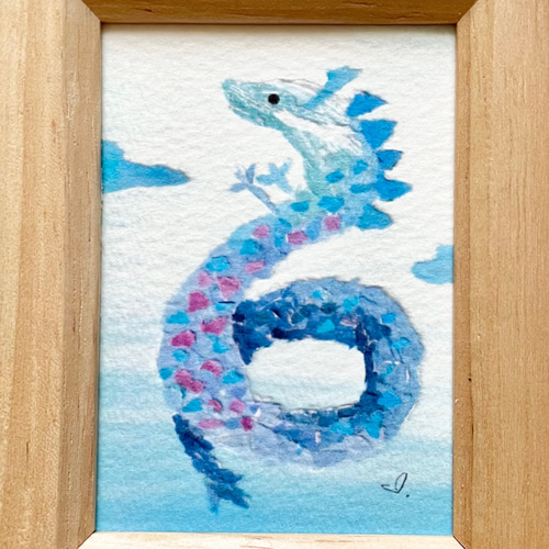 透明水彩画 ちぎり絵「青龍」イラスト ミニ額 龍 昇龍 昇り龍 辰