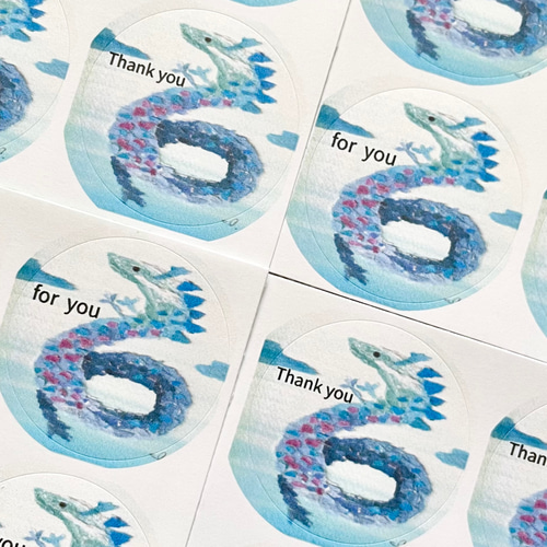 透明水彩画 ちぎり絵「青龍 イラストシール」丸シール48枚 サンキュー