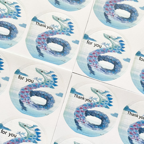 透明水彩画 ちぎり絵「青龍 イラストシール」丸シール48枚 サンキュー