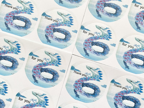 透明水彩画 ちぎり絵「青龍 イラストシール」丸シール48枚 サンキュー