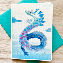 透明水彩画 2枚セット ちぎり絵「青龍」イラストミニカード 龍 辰年 竜