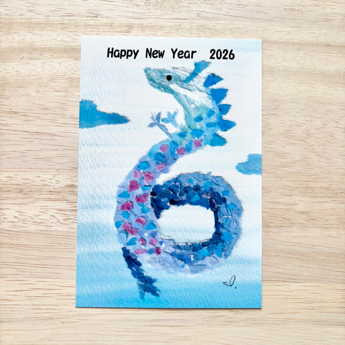 透明水彩画 3枚セット「青龍」ちぎり絵 イラスト ポストカード 2026年
