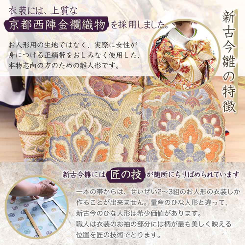 雛人形 新古今雛 正絹帯 収納飾り 三五親王飾り 京都西陣織正絹帯 金