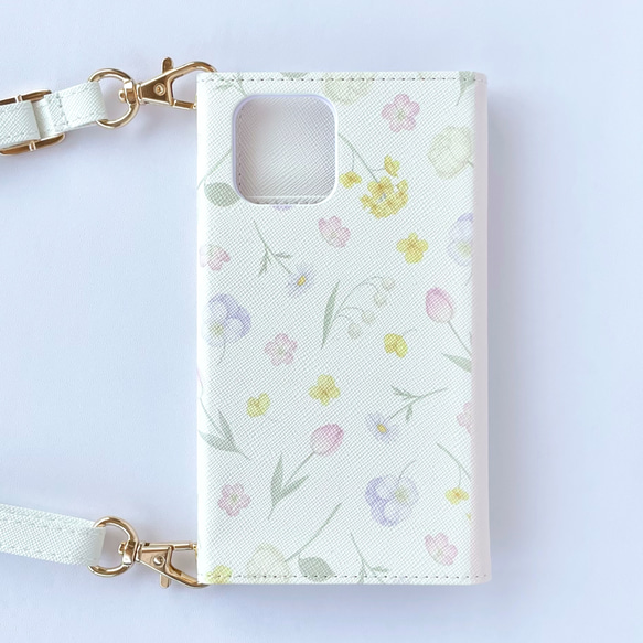 春の花々ホワイト スマホショルダー iPhone Android 全機種対応 花柄 バイカラー スマホケース スマホポー 3枚目の画像