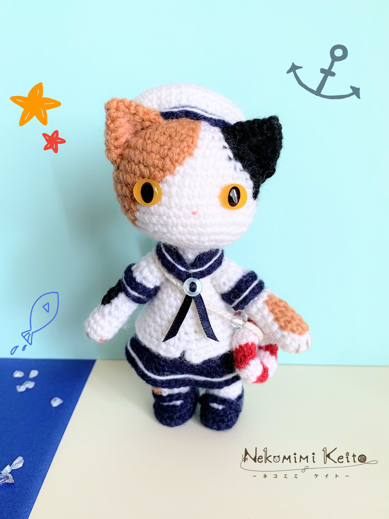 【sample】　あみぐるみ　オーダーメイド　ぬいぐるみ　キーホルダー　猫 マリンセーラーのねこ【あみぐるみ】 あみぐるみ Nekomimi Keito 通販