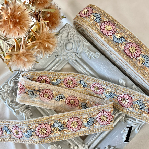 30cm  インド刺繍リボン  チュール  花柄 3枚目の画像
