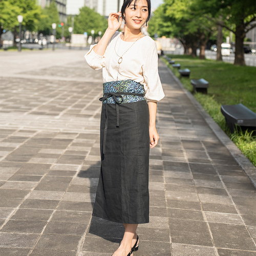 現代に和のテイストを！サイズフリー ハーフリネン巻きスカート ラップ