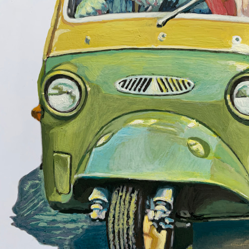 絵/絵画/車/レトロ/猫/ハチワレ/原画/A4/アクリル画/手書き/イラスト