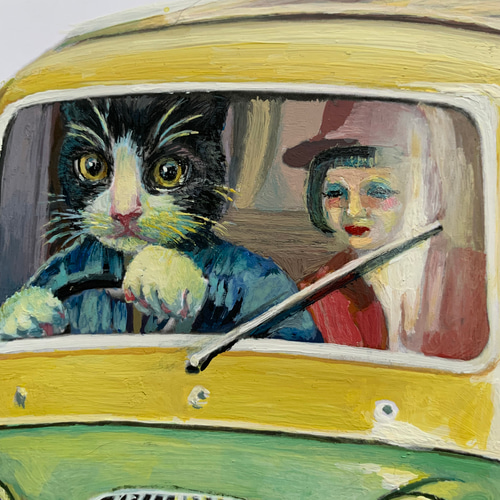 【オンライン限定商品】  絵/絵画/車/レトロ/猫/ハチワレ/原画/A4/アクリル画/手書き 絵画