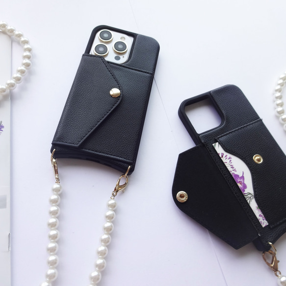 便利なカード収納ポケット付き iphoneケース 黒 選べる パールストラップ 120㎝/130㎝ スマホショルダー 3枚目の画像