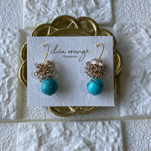 ターコイズチェコビーズファルファーレ ピアス（フック・チェーン