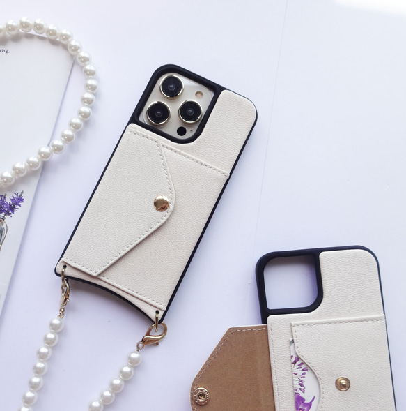 便利なカード収納ポケット付き iphoneケース アイボ 選べる パールストラップ 120㎝/130㎝ スマホショルダー 3枚目の画像