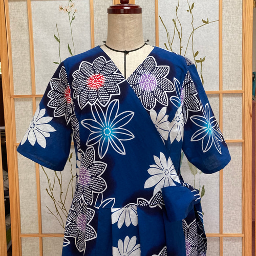 ☆浴衣リメイク☆ カシュクールワンピース (半袖／ブルー