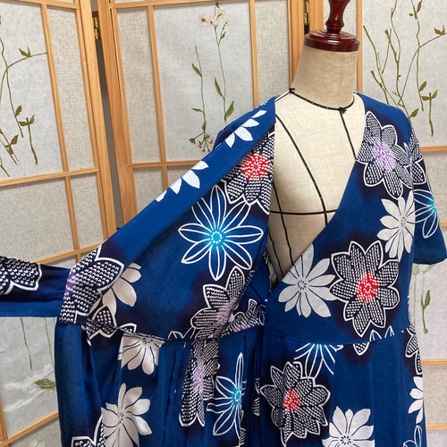 ☆浴衣リメイク☆ カシュクールワンピース (半袖／ブルー