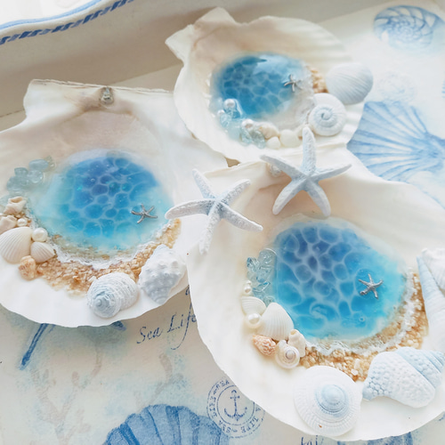 ☆幸せを呼ぶアクアマリン&パールのさざ波ビーチ☆煌めく海塗り天然