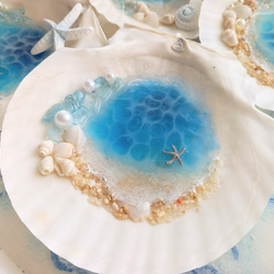 ☆幸せを呼ぶアクアマリン&パールのさざ波ビーチ☆煌めく海塗り天然シェル皿(Lサイズ)&アロマストーンセット 2枚目の画像