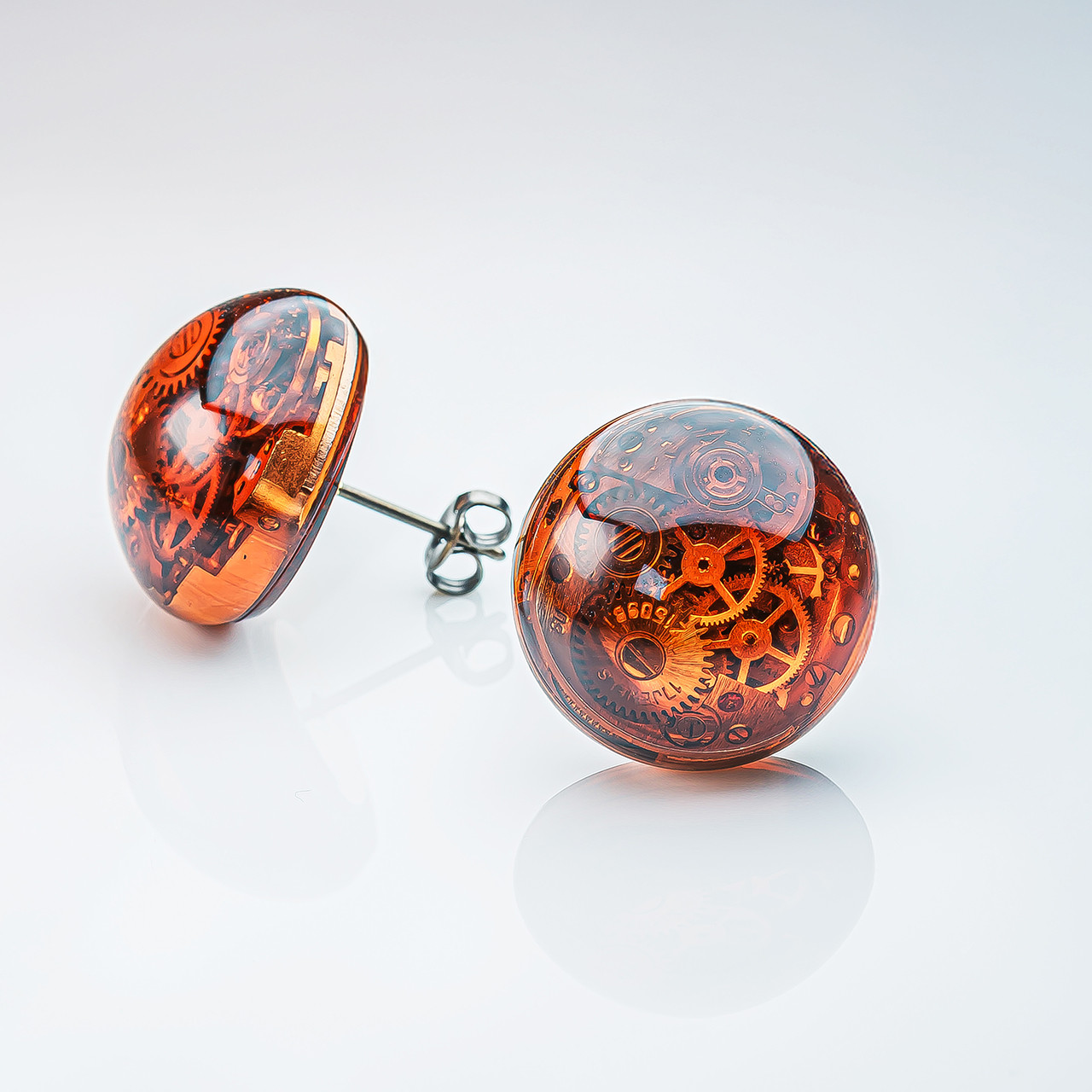 ピアス  機械式時計 琥珀 ムーブメント チタン