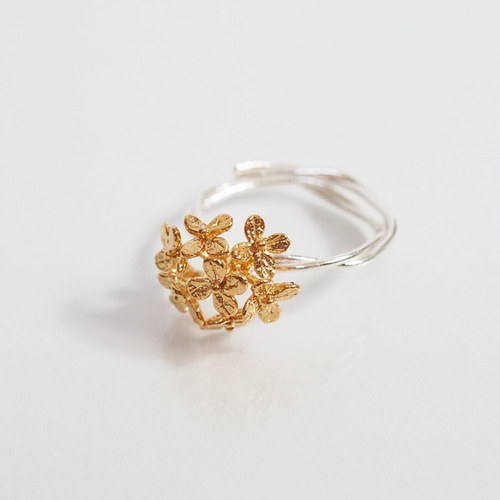 【ひなママ】天然アバロンシェルのデザインフリーサイズリング 紫陽花のリング(silver×gold) ※フリーサイズ 指輪・リング