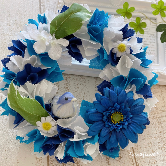 布花作品♡青い花いっぱいのリース